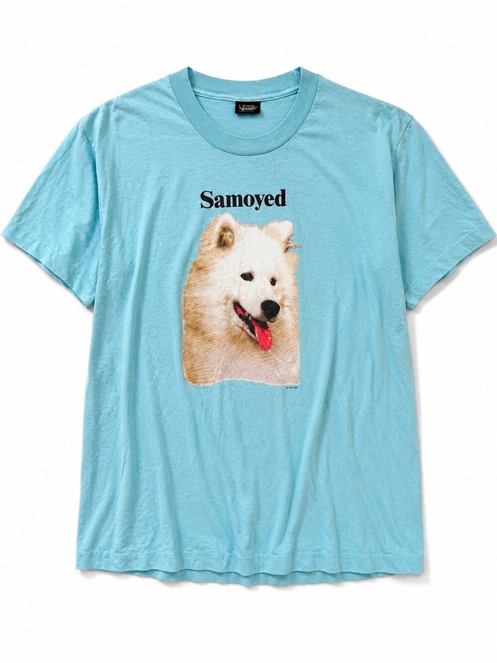 SCREEN STARS BEST Vintage Samoyed Dog Photo Graphic Tee Teal Blue Large GUC